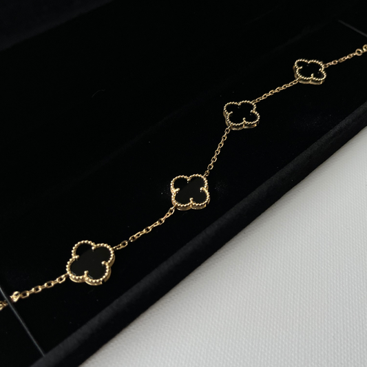 18K Solid Gold Four-Leaf Clover Bracelet with Black Onyx