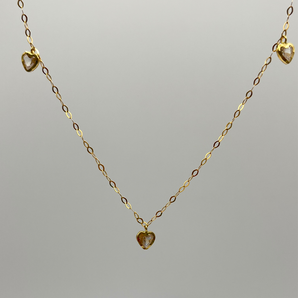 18K Solid Gold Necklace with Heart Pendants